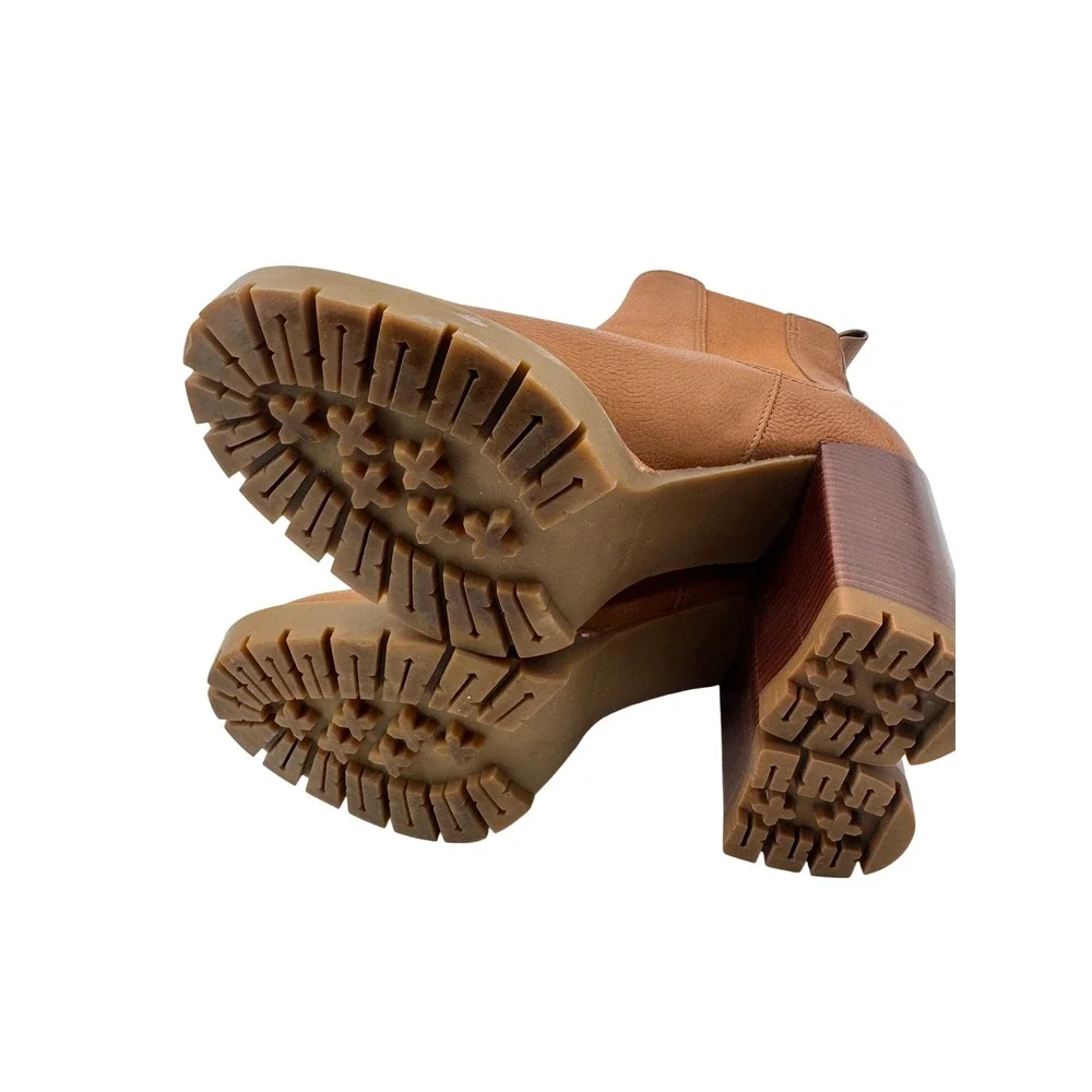 Tory Burch Booties Size 9M Brown Carson Leather Lug-Sole Chelsea Block Heel